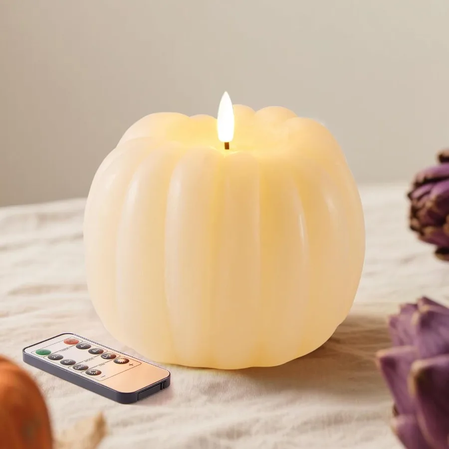 

Осенние украшения для дома, мерцающая беспламенная восковая светодиодная свеча в виде тыквы с таймером, дистанционное управление, подарки на День Благодарения, осенняя ферма