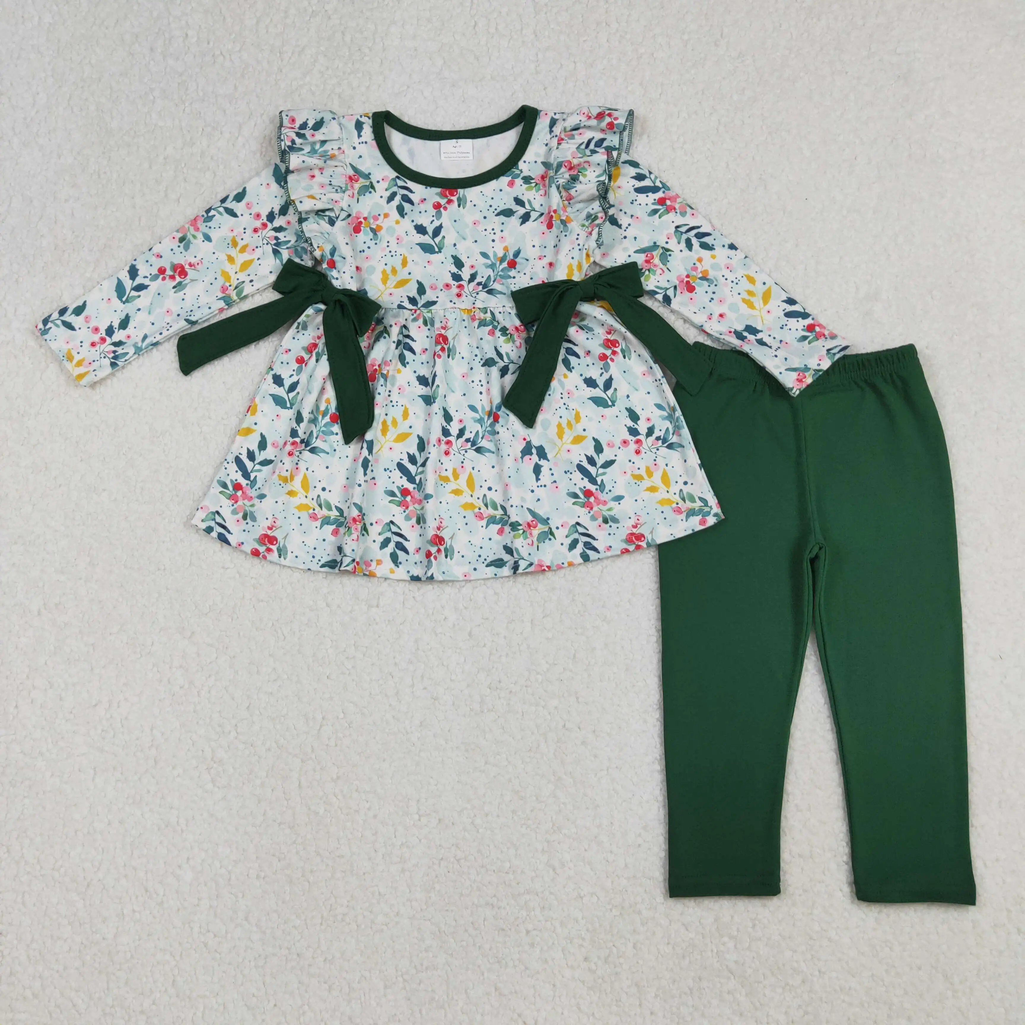 

X10.7 Long sleeve trousers set Winter fashion baby girls wholesale leaf green bow lace