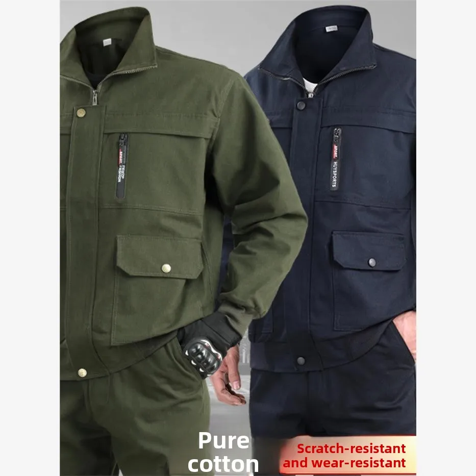純綿作業服セット メンズ 耐熱Wワークウェア 耐久性のある労働保護スーツ 春秋用作業着