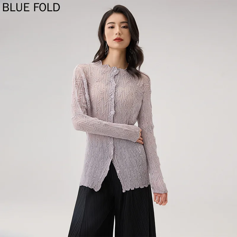 Miyake-Thin and Breathable Cardigan Single-Breasted Personalized Pleated Slim Long-Sleeved Chiffon Shirt, Spring and Summer, New