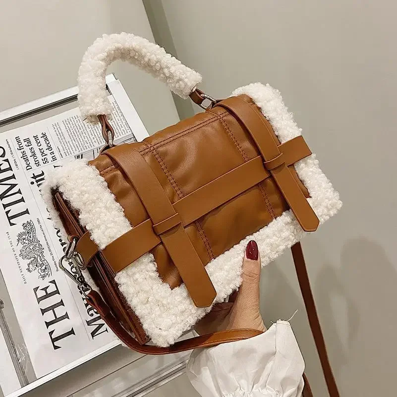 2023 Women Handbags Lambswool PU Pouch Soft Shoulder Bag Furry Handbags Crossbody bags for Women Winter Fashion Square Totes