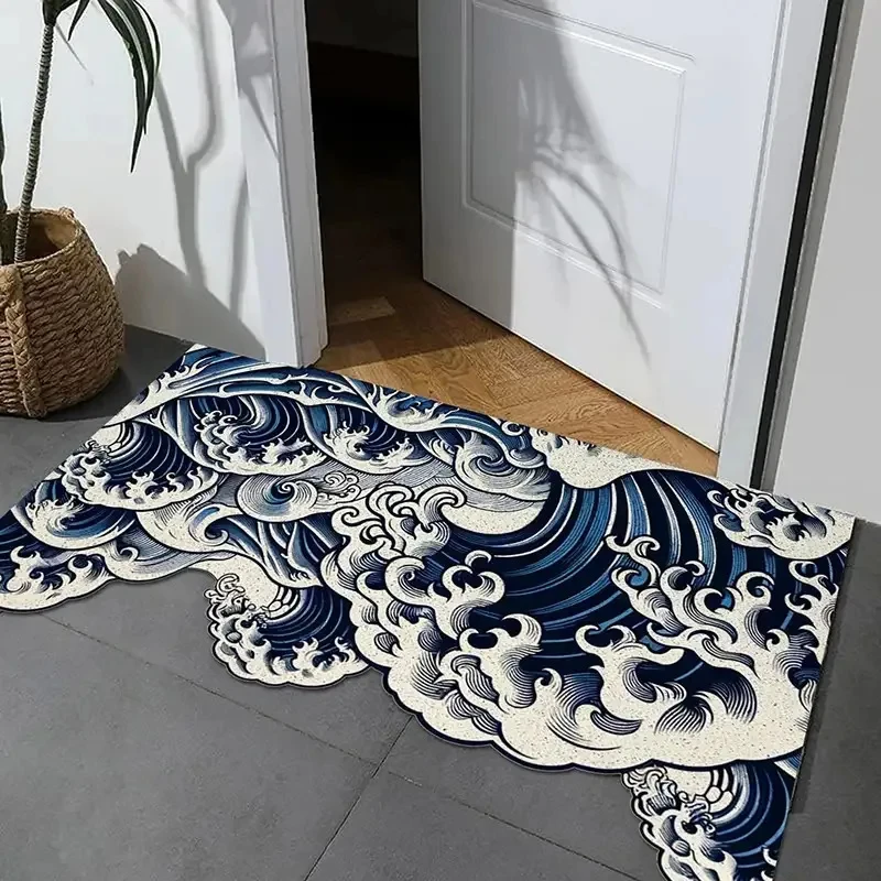 VIKAMA Kanagawa Surf Ukiyo-e Irregular Doormat, Japanese Style Non-Slip Foot Mat, Durable Entryway Rug, Artistic Home Decoration