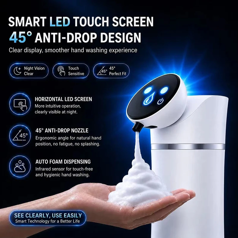 420ML New LED Automatic Soap Dispenser Sensor Foam Hand Washer USB Rechargeable 3-Speed Adjustable Suitable for Bathroom Kitchen