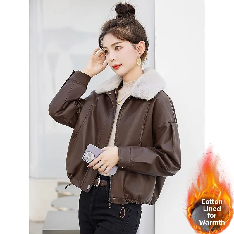 Trendy Faux Fur Collar Fleece Lined Women's Jacket Short Loose PU Biker Style Coat Commute Fashion Synthetic Leather Coat