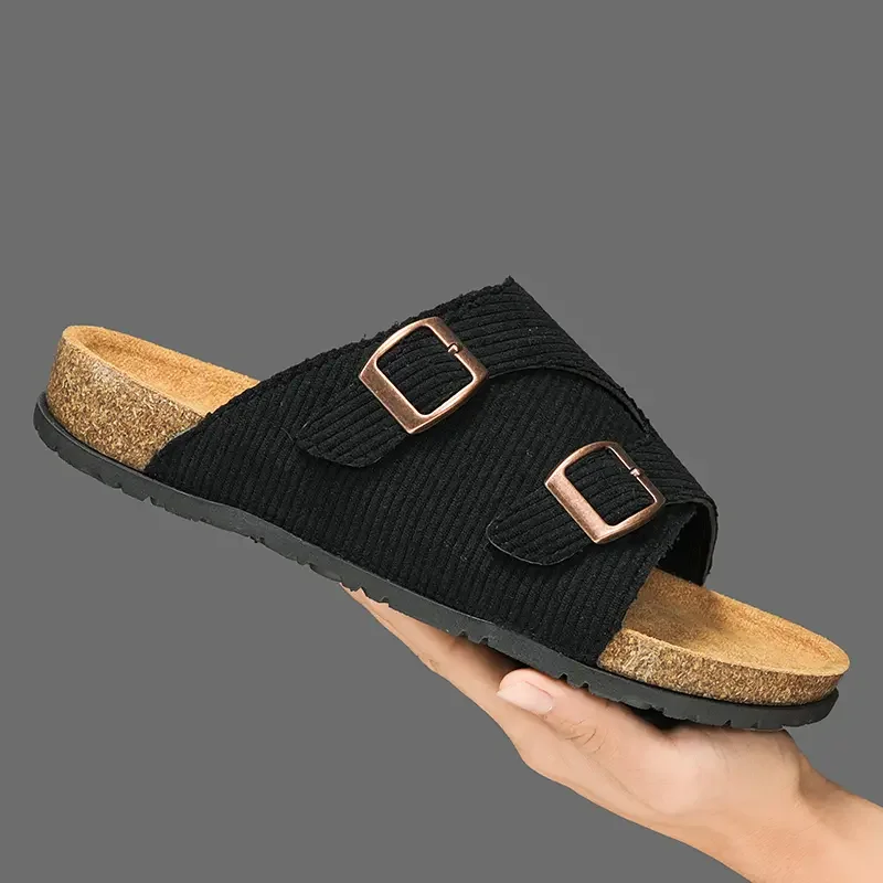 Double-buckle cork shoes for men and women, couple's summer outdoor slides, corduroy vintage casual slippers