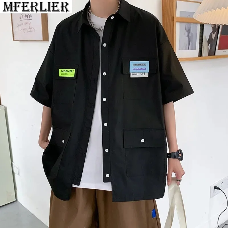 

summer men chic cargo shirts short sleeve pockets lettter mferlier casual young fashion shirts