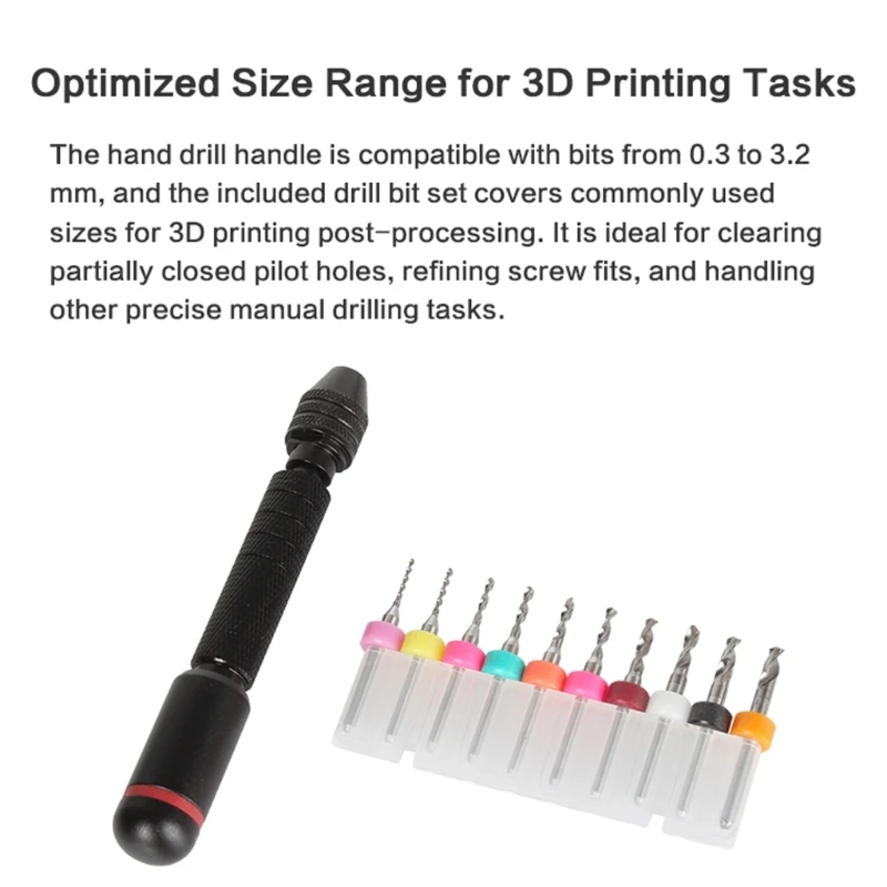 Model Hand Drill for 3D Printed Model Finishing, Manual Detail Set With Clamping Head, Knurled Black Handle and Organized F19E