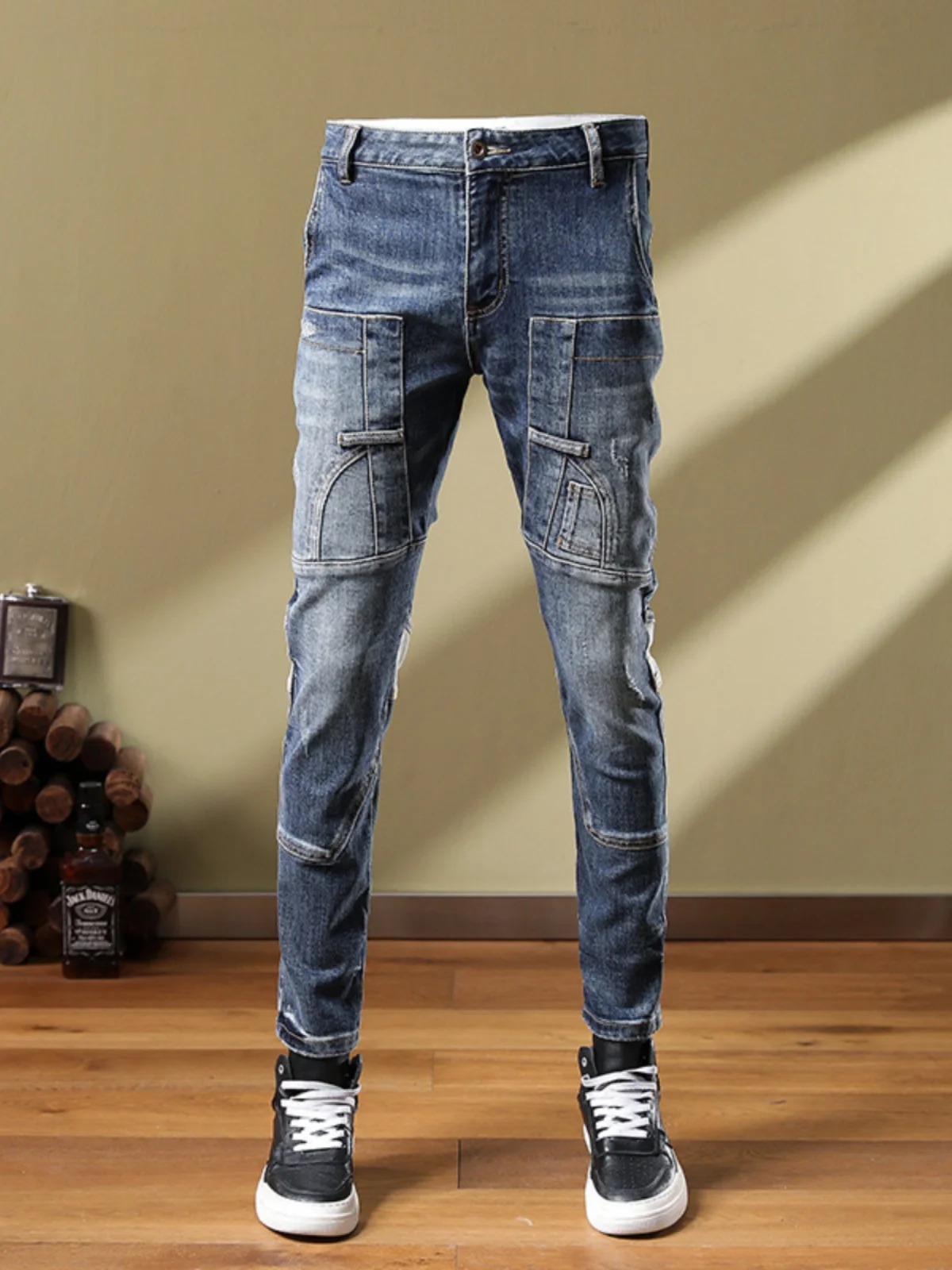 

Мужские джинсы Slim Fit: модные, эластичные, с лоскутным дизайном, весна-лето, молодежные, для мотоциклистов