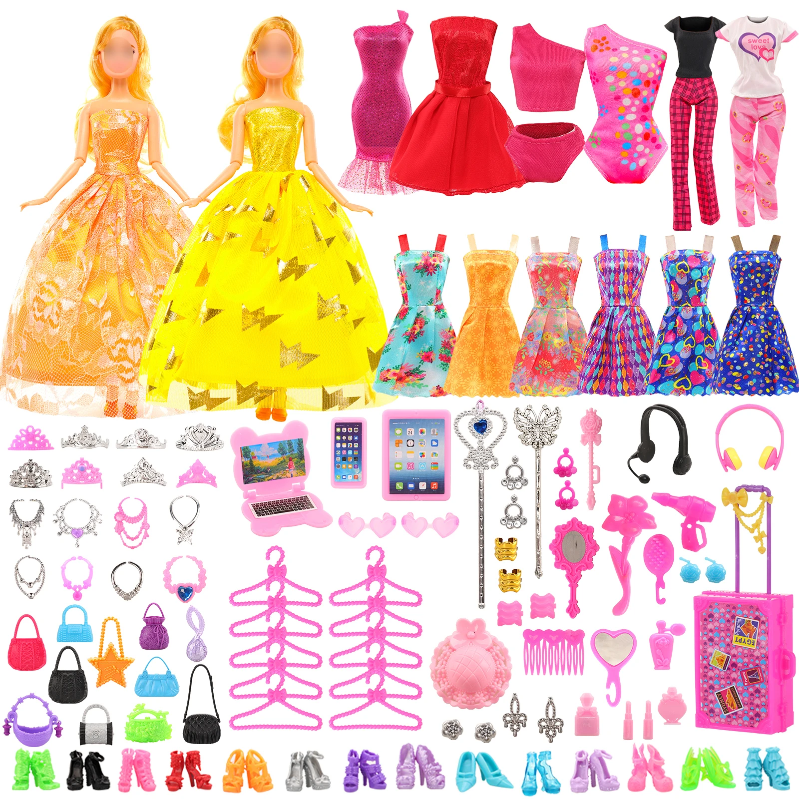 Barwa Girl Pink Wardrobe 93 Piece Set (with Doll) -1 Rose Red Wardrobe+1 Luggage+14 Clothes+75 Other Accessories Birthday gift