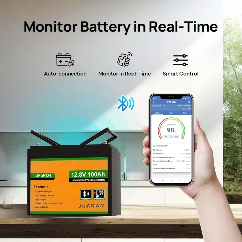 12V 100AH LiFePO4 Lithium Battery with Bluetooth, Max.1280Wh Energy, Low Temperature Protection, Marine-Grade Battery w/ 100A BM