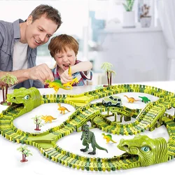 Dinosaur World Track Racing Track Toy Set Dinosaur Railway Toy Car Educational Bend Flexible Race Track Flash Light Car Toys Boy