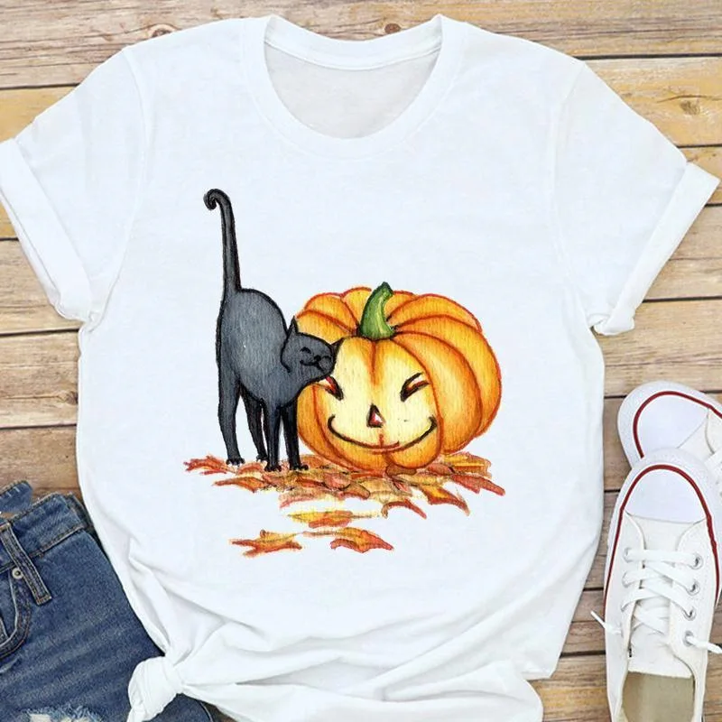 Summer Pumpkin Halloween Thanksgiving Cat with Pumpkin Print Short Sleeve T-shirt Oversized Graphic T Shirts  Aesthetic Tops