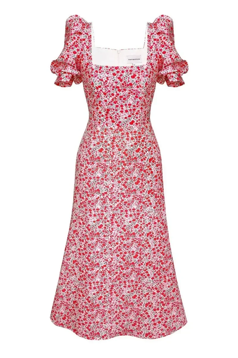

Womens Elegant Flowy Dress Beach Y2k Clothing Платье Korean Casual Short Puff Sleeve Floral Print A-Line Dress Summer Midi Dress
