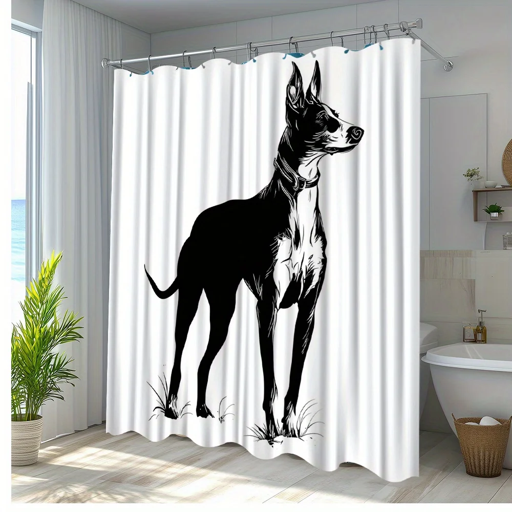 1pc Dog Silhouette Shower Curtain - Artistic Black & White Bathroom Decor, Polyester Fabric with 12 Hooks, 70.8x70.8 Inches,