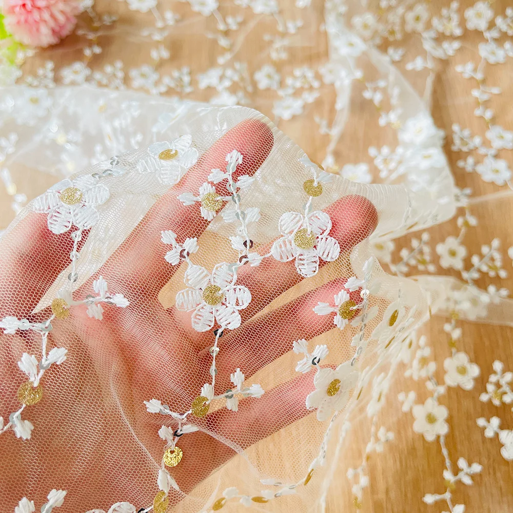 

New Elegant Flower Lace Fabric 125CM Wide Mesh Embroidery Lace Fabric Wedding Dress Decoration Fabric