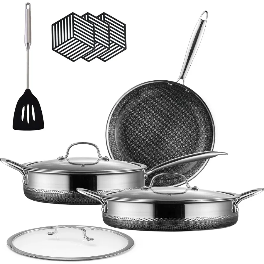 Hybrid Pots and PansNon Stick 10 Piece Triplay Cookware Sets Nontoxic Frying Pan with Tempered Glass Lids Stay Cool Handles Ind
