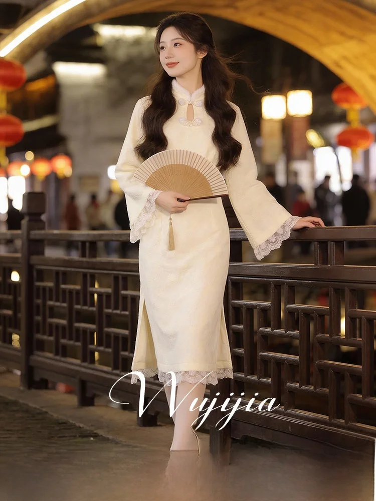 

New Chinese Style Large Size Women's Qipao Dress Stand Collar Button up High Waist Long Sleeve A-Line Skirt Commute Style