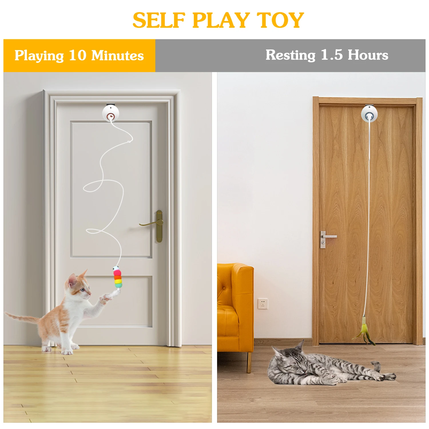 PERKEO Cat toy hanging door automatic cat toy interactive elastic rope with feathers, cat scratching game door hanger