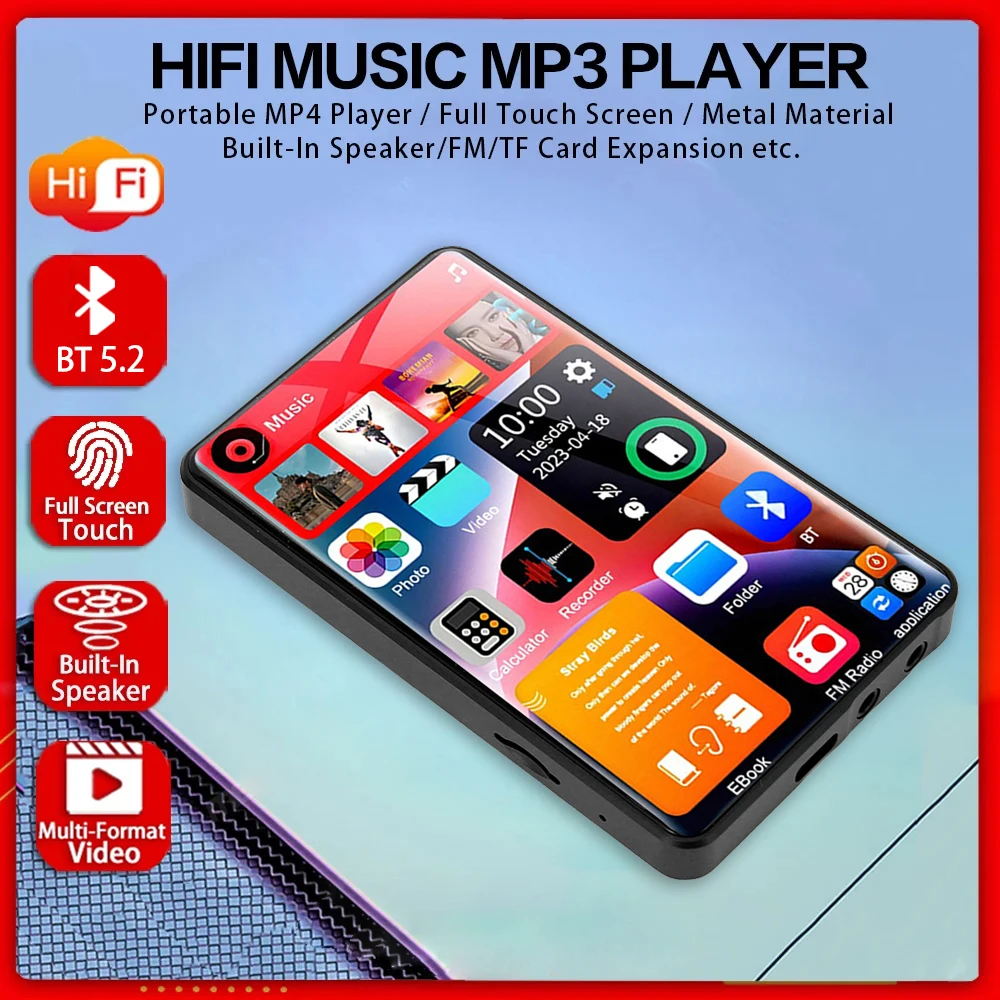 

Full Touch 4.0-inch Screen HD MP3 MP4 Player Bluetooth 5.2 Walkman 16GB Built-in Speaker Music Player with FM Radio Ebook