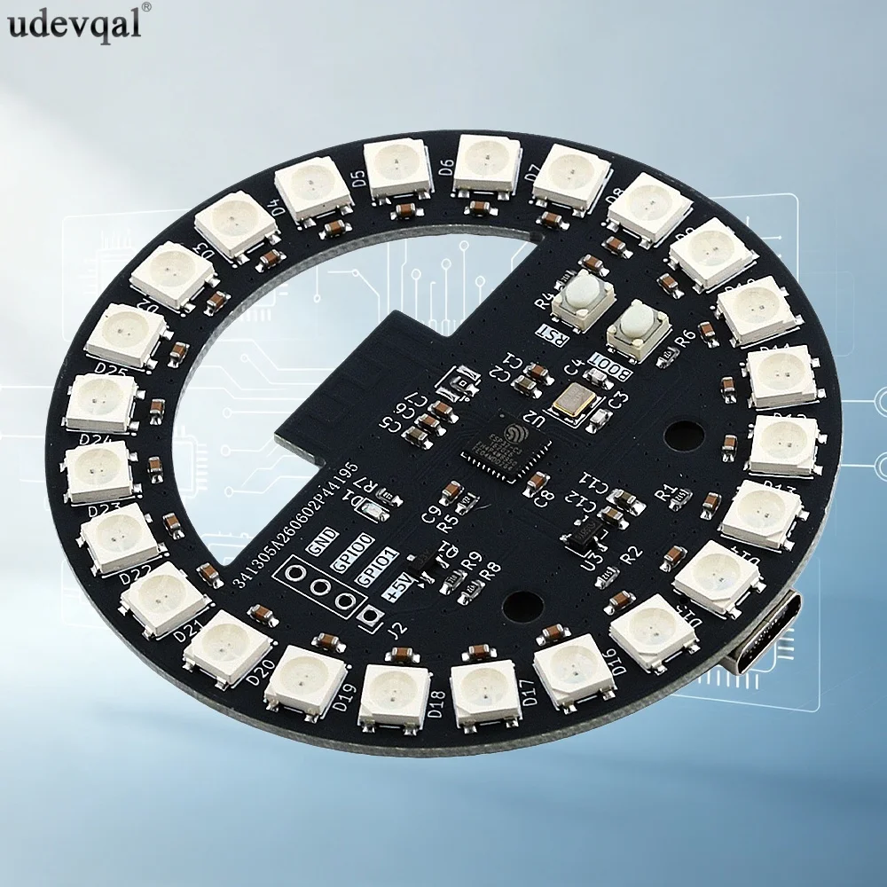 ESP32 Development Board with Circular RGB Colorful Light Type-C 2 GPIO Ports 5 Lighting Modes 5V 200ma for MCU Sensor