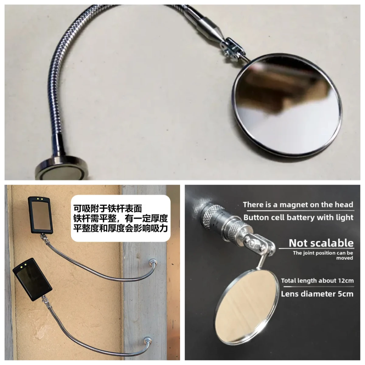 Magnetic auto repair inspection mirror, strong magnetic adsorption reflective mirror, welding inspection hose mirror with light