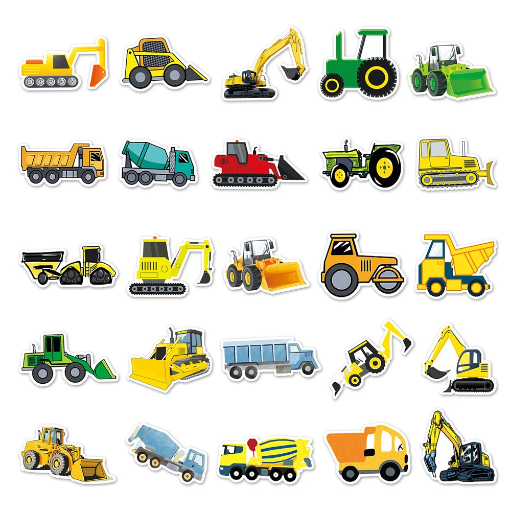 10/30/50PCS Children Cartoon Engineering Vehicle Excavator Forklift Sticker Toy Luggage Laptop iPad Notebook Sticker Wholesale