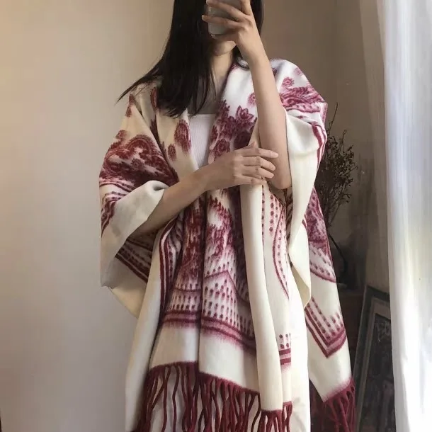 Autumn Winter Soft Neck Warming Scarf Outer Wear Thermal Shawl Chinese Style Calligraphy Print Fashionable Layering Gift P1