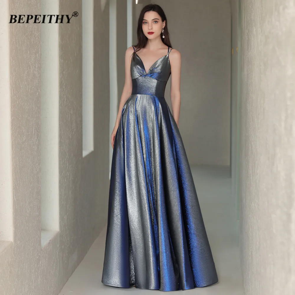 BEPEITHY Customized Glitter Prom Dress 2023 A Line Sexy Backless Sparkle Evening Dresses Floor Length Party Cocktail Dresses