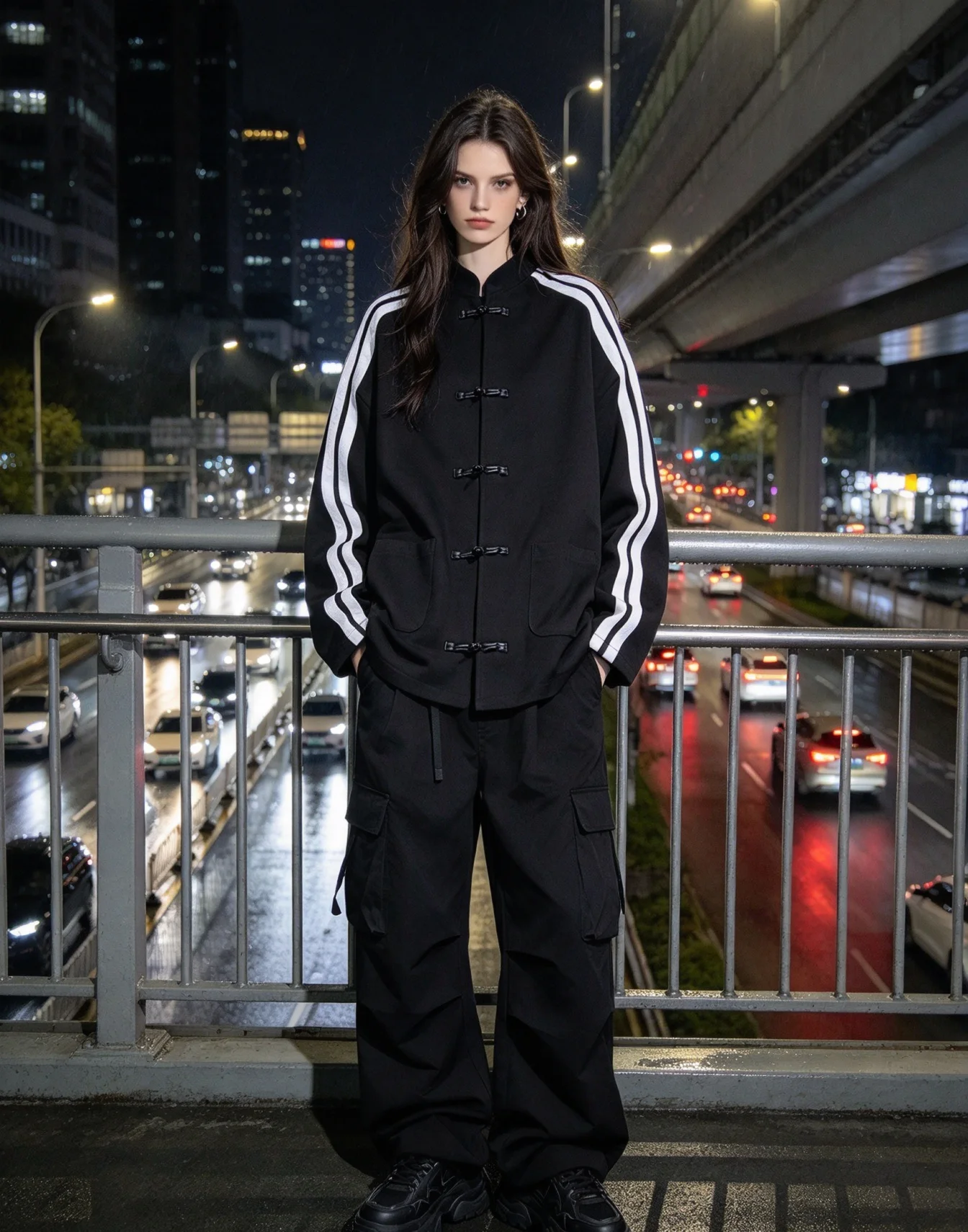 Black Side Stripe Frog Button Stand Collar Jacket Unisex Chinese Style Streetwear Casual Loose Outerwear Coat