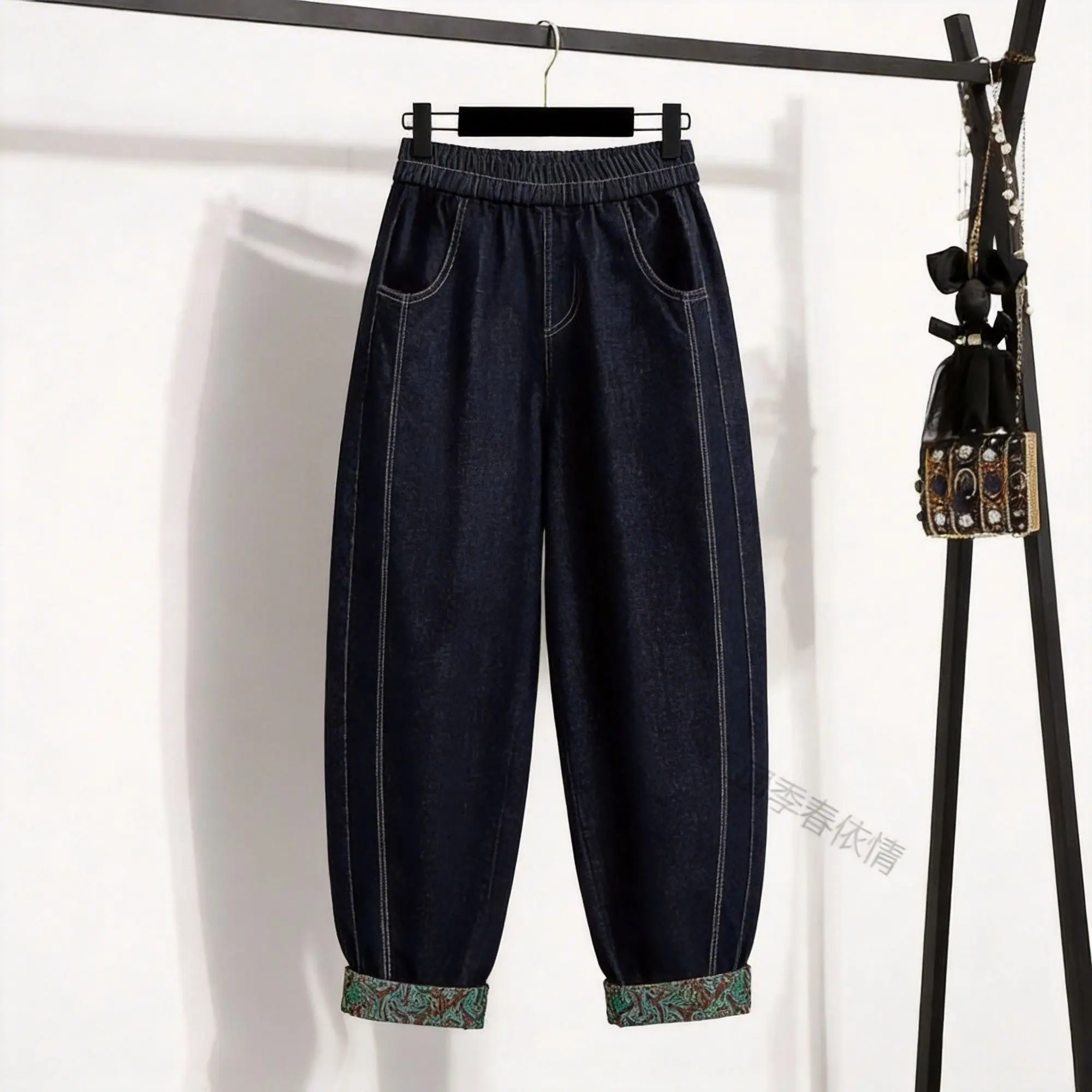 Retro Folk Style Hemmed Women's Elastic Waist Loose Jeans 2026 Spring Female Slim High Waist Daddy Pants Nine Ladies Harem Pants