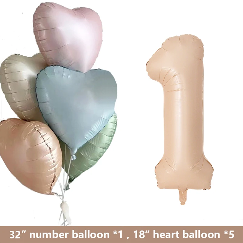 1set Retro Caramel Heart Balloons with 32inch Number Foil Balloon For Kids 1st Birthday Party DIY Decoration Supplies Wedding