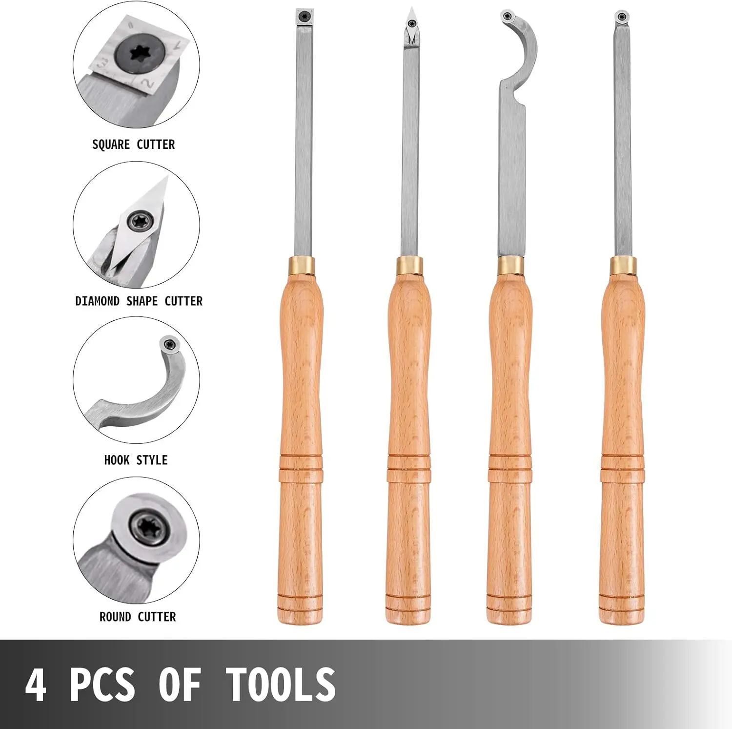 Wood Turning Tools for Lathe 4 PCS Set, Carbide Lathe Tools W/ Diamond Shape, Turning Lathe Chisels W/ Comfortable Grip Handles