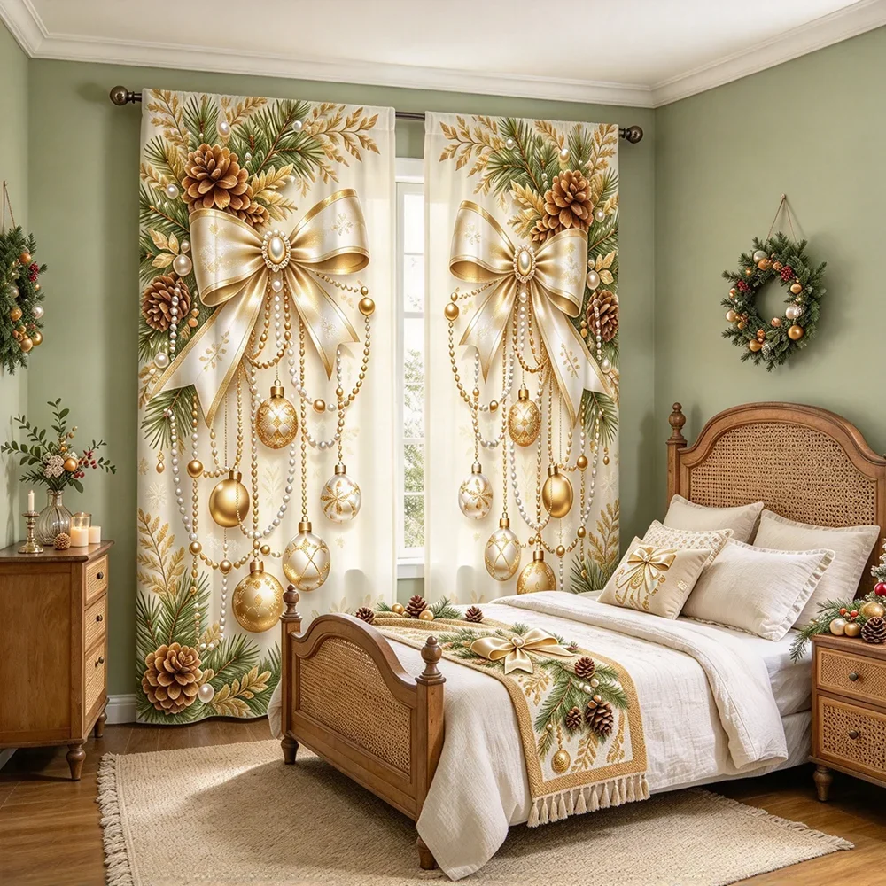 Elegant Christmas Gold Bow Garland Curtain Panels for Living Room Seasonal Home Decor Window Treatment