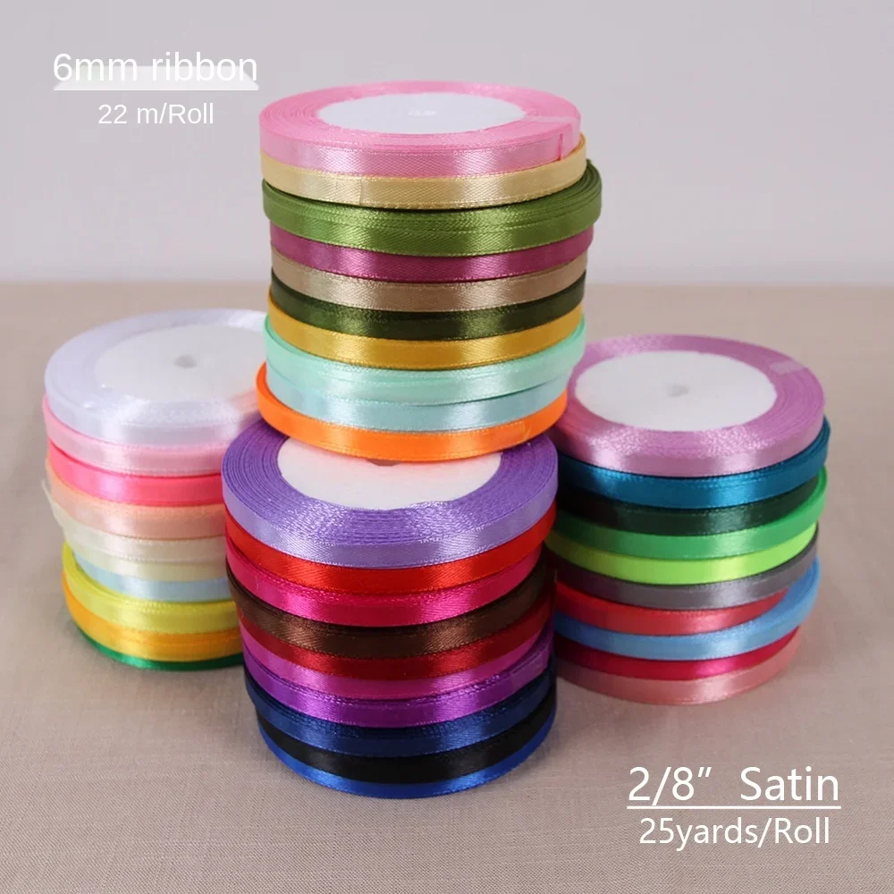 6mm Solid Color Satin Ribbons for Wedding Birthday Party Gift Wrapping Christmas Halloween Festival Supplies DIY Ribbon 22Meters