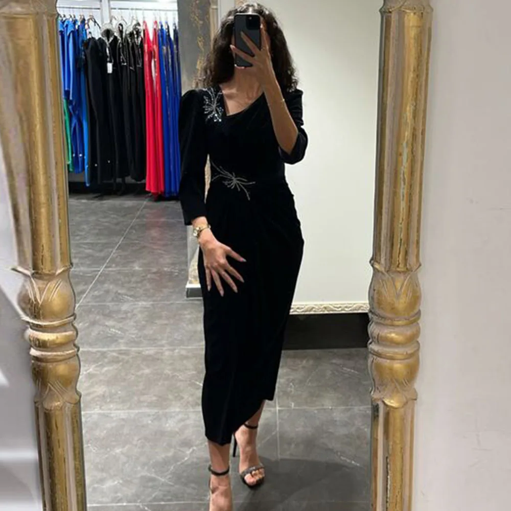 

Black Sexy Mermaid Wedding Dresses 2023 Women Tea Length Full Sleeve V Neck Beading Velour Wedding Guest Gowns Custom Made