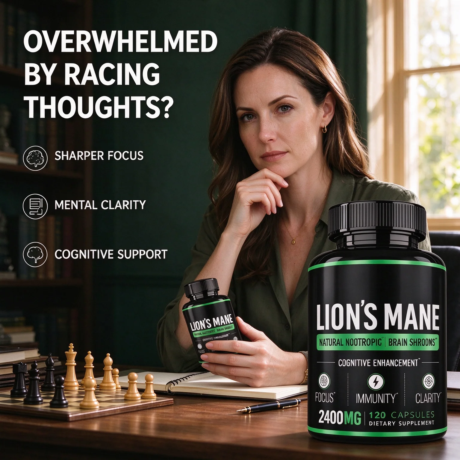Lion's Mane Mushroom Capsules Natural Nootropic Brain Focus Clarity Cognitive Immune Support Non GMO Gluten Free 120 Capsules