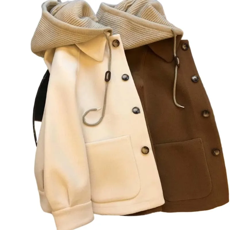 A Large-sized, High-end Knitted Hooded Fake Two-piece Thickened Top for Chubby Girls in Autumn and Winter Tweed Jacket for Women