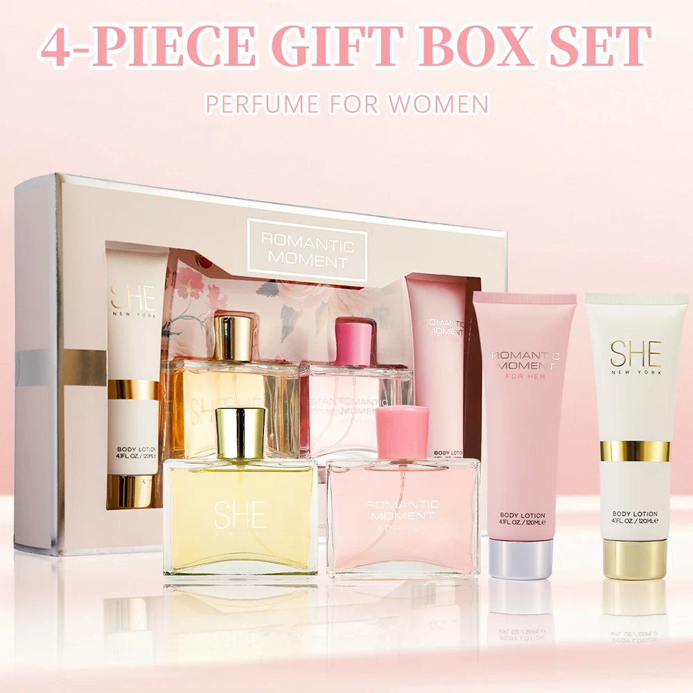 Eau de Parfum-Juego de Spray y loción corporal para mujer, juego de regalo, fragancia, 2 piezas, 3,4 Fl. oz EDP Spray y 2 piezas, 4,1 Fl. oz, loción corporal ROMANT