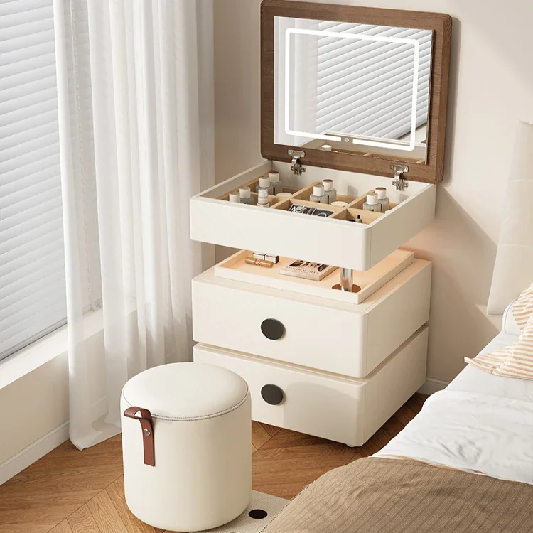 

Makeup Vanity Makeup Drawer LED Lamp French Movable Lifting Rotating Dresser Bedside Table Integrated Cabinet Dressing Table