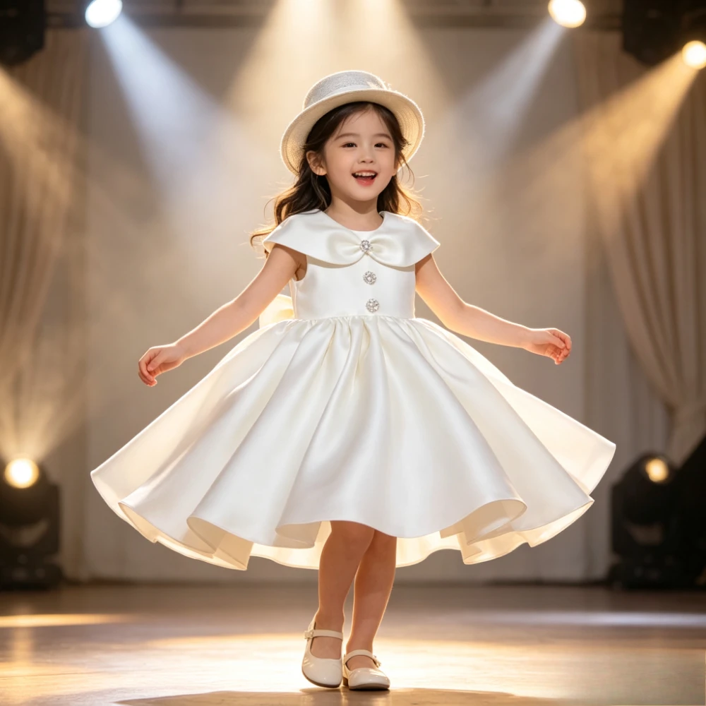 Children White Satin Korean DressesPrincess Gown Catch Costume Baby Girl First Birthday Dress Party Fashion Simple Kids Tutu