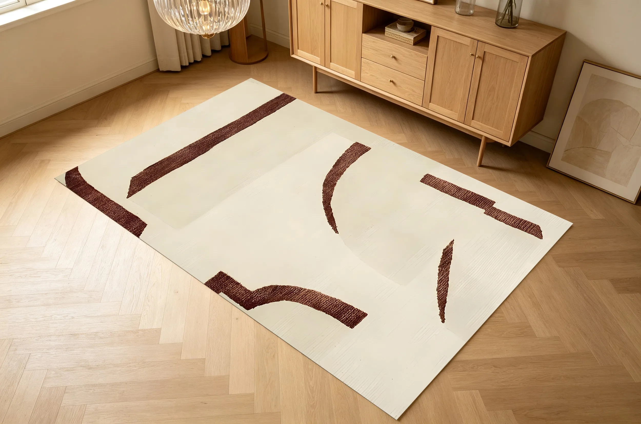 2D Large Rug Milky White Brown Coffee Abstract Geometric Pattern Minimalist Wabi Sabi Living Room Bedroom