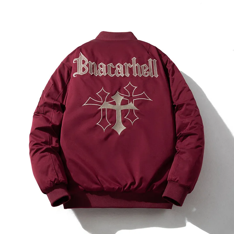 Autumn and Winter Thickening Embroidery Baseball Collar Coat American Pilot Jacket Cotton-Padded Wine Red Unisex Hip Hop