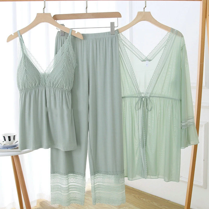 

Summer Women's Three Piece Pajama Set Mesh Modal Chest Cushion Strap Four-color Nightgown Lace Hem Solid Colors 2023 Nightwear