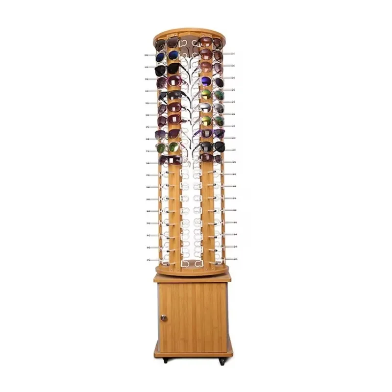 Custom Rotating Bamboo Wood Sunglasses Display Floor Stand Holder Multi-Style Optical Glasses Eyewear Display Rack