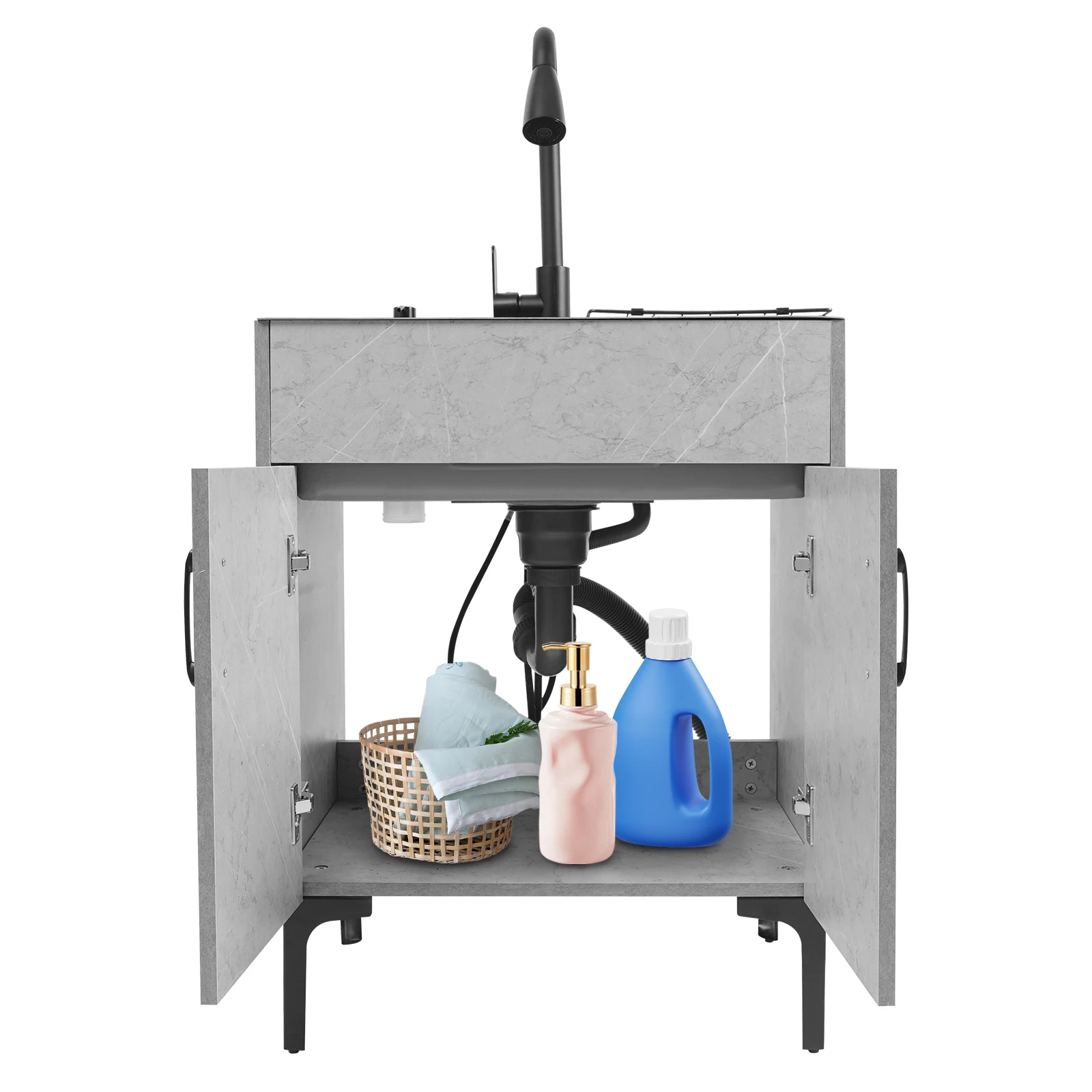 Freestanding Kitchen Sink Cabinet with Pull Out Faucet, Grey Stainless Steel Laundry Utility Sink with Drain Board