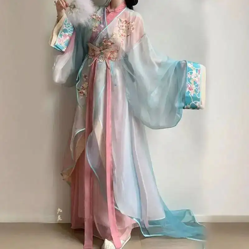 New Hanfu Dress Suit Improved Embroidered And Print Blended Hanfu Daily Short Style Tailored Palace Style Girl\'s Pink Han Set