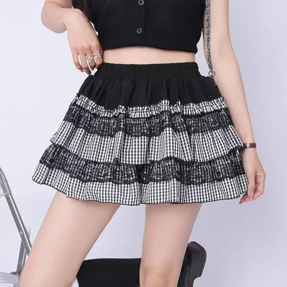 

Lolita Lace Grid Cake Skirt High Waist Ruffle JK A-line Short Skirt Multi-layer Plaid Stripe Lace Pleated Mini Skirts Lady
