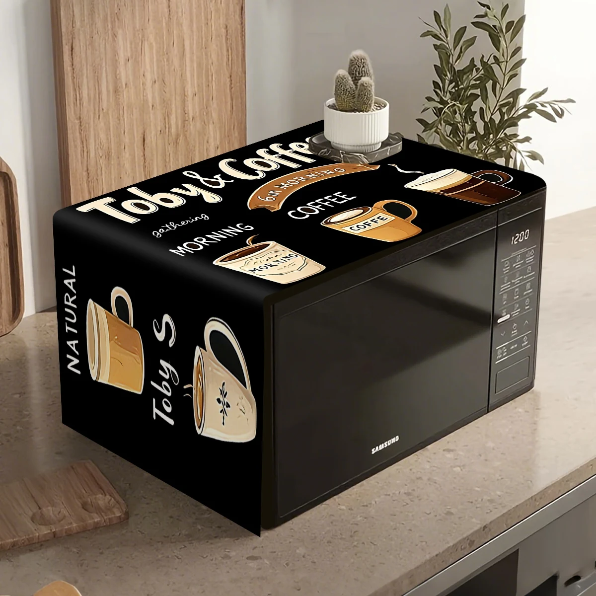 

Coffee Cup Polyester Microwave Cover 35x85cm Black Vintage Morning Coffee Oven Cover Dustproof Kitchen Appliance for Home Decor