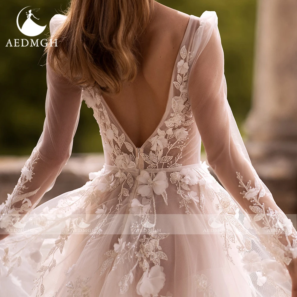 Aedmgh linha a vestidos de casamento romântico com decote em v manga longa vestido de novia rendas apliques glamouroso feito sob encomenda robe de mariee