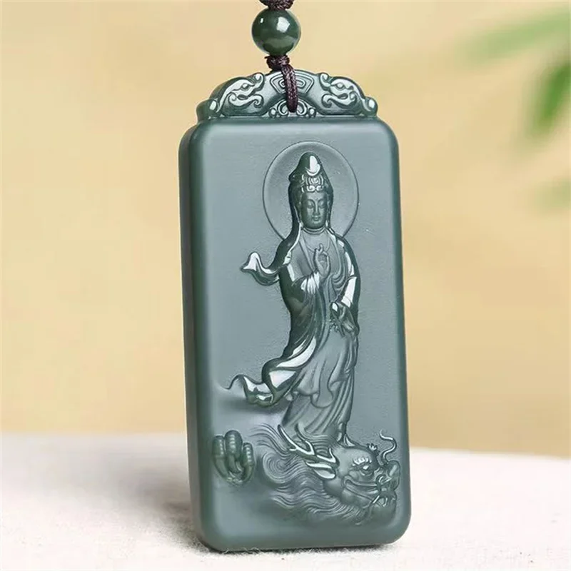 

Mai Chuang/Hand Carved/He Tian Cyan Jade Ride The Dragon Guan Yin Necklace Pendant Fashion Elegant Jewelry Men Women Couple Gift